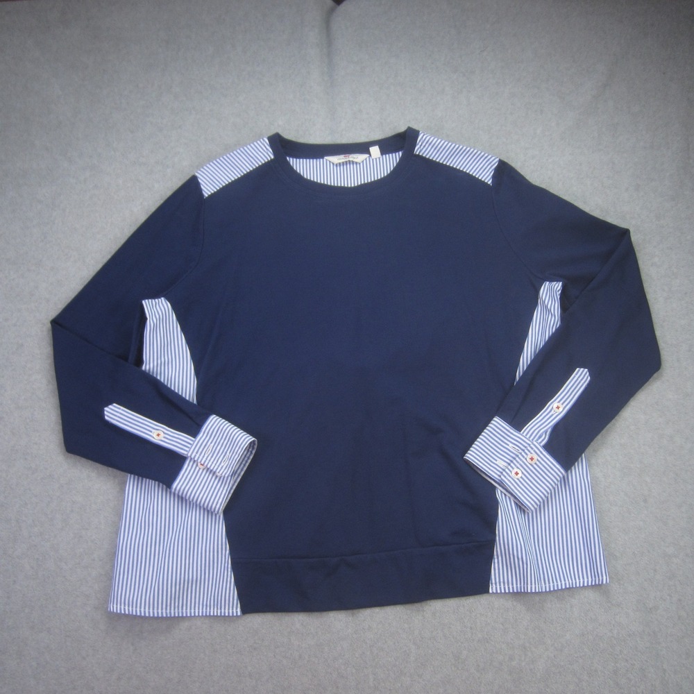 Vineyard Vines Top Womens Medium Navy Blue Striped Mixed Media‎ Peplum Tie Back
